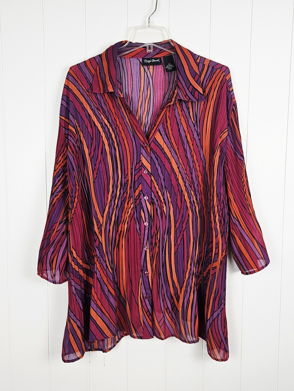 Maggie Barnes Crinkle Blouse Groovy Button Up Sheer Womens 2x Purple Funky
